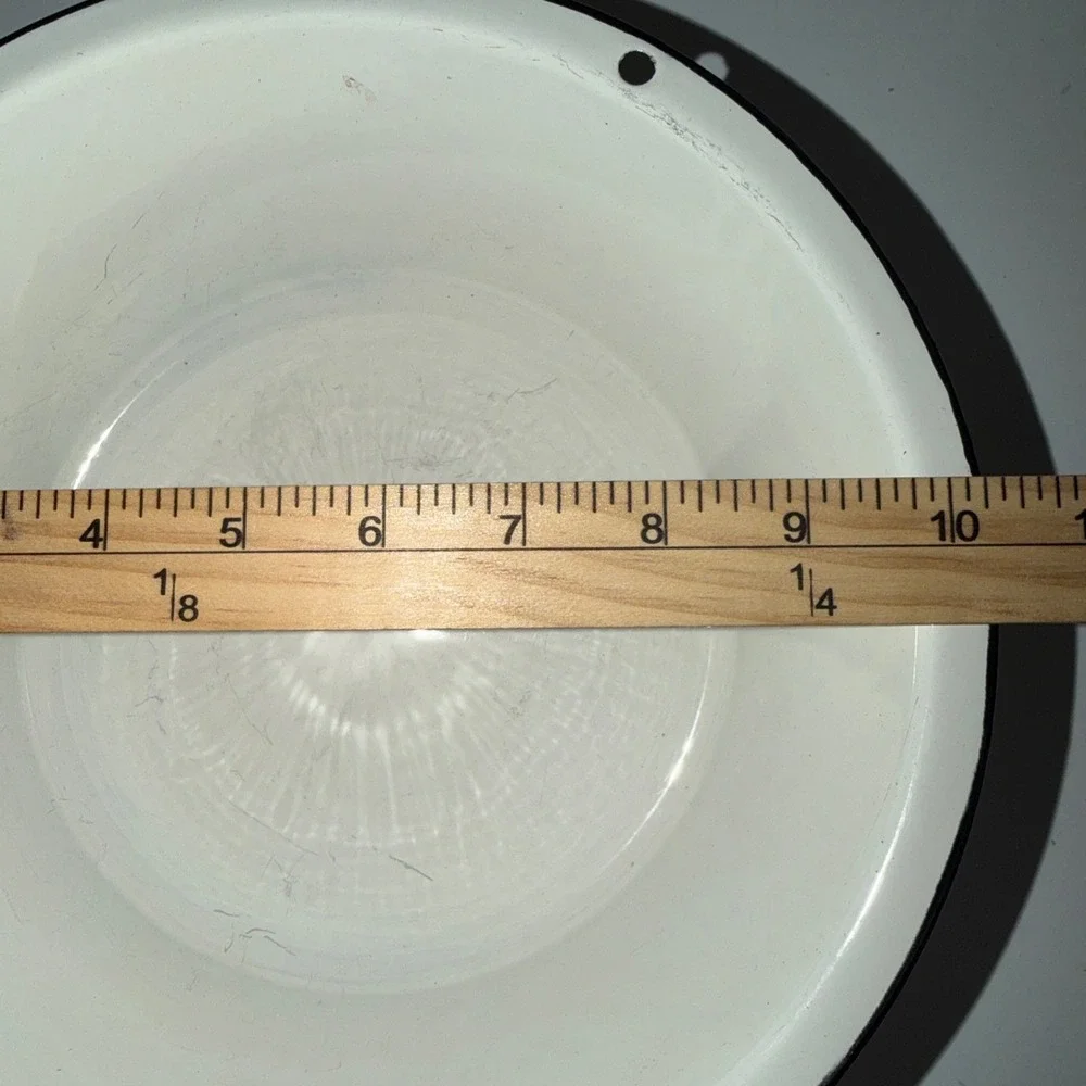 Vintage White Enamelware Mixing Bowl Black Rim Farmhouse Kitchen Decor 10 inch